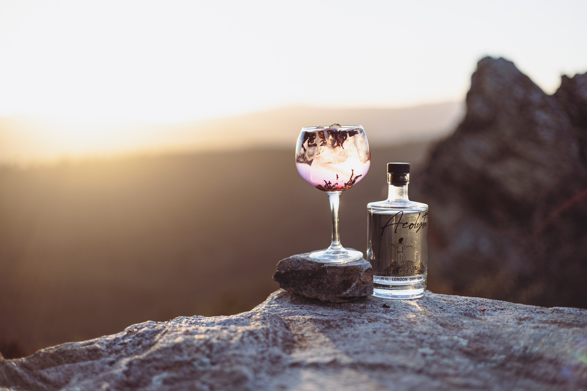 Un verre de gin acolyte préparé avec un tonic et des pétales de fleurs. On retrouve une bouteille à ses côtés devant un coucher de soleil en pleine nature.
