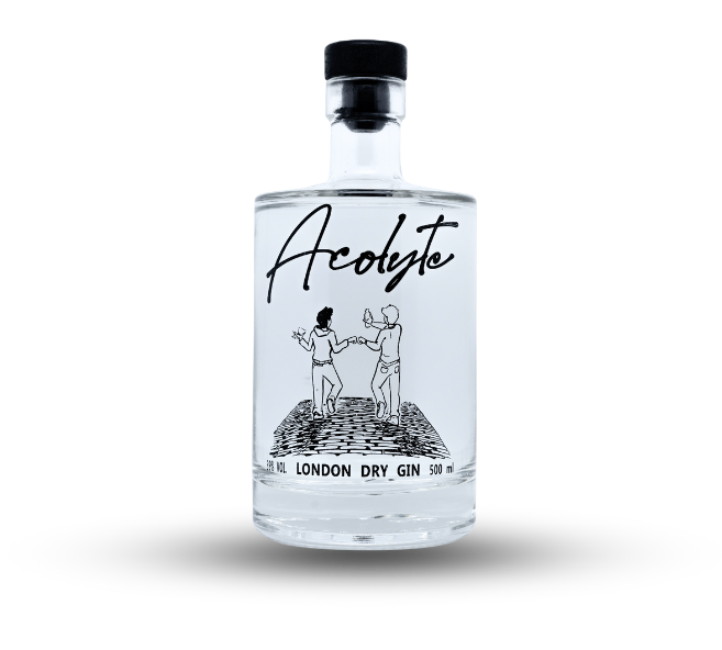 Voici une bouteille D'acolyte, un gin belge dans le style London Dry.