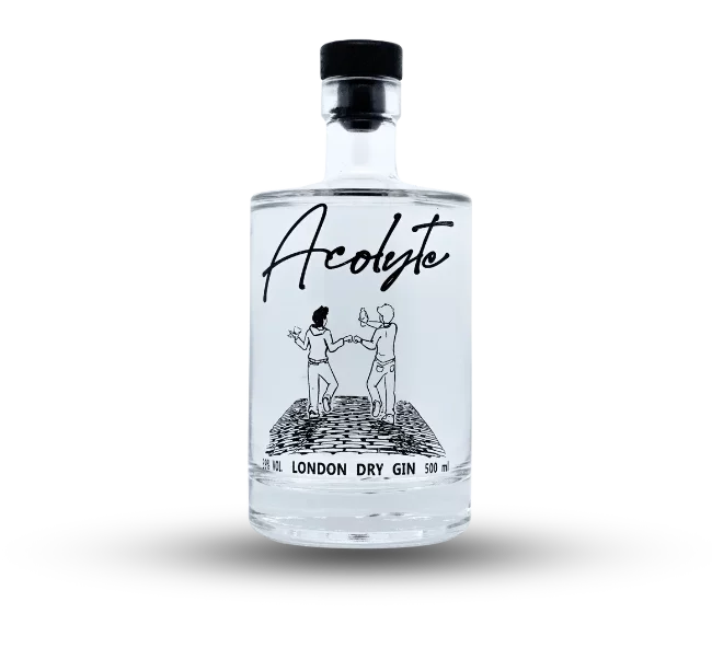 Voici une bouteille D'acolyte, un gin belge dans le style London Dry.
