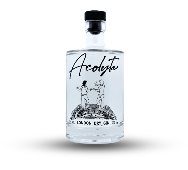 Voici une bouteille D'acolyte, un gin belge dans le style London Dry.